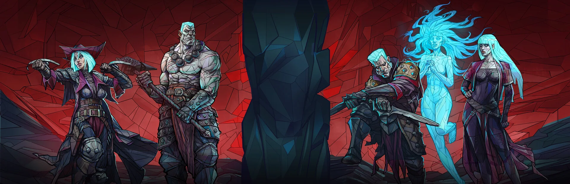 Immortal Hunters key art: the Hunters against red stained glass